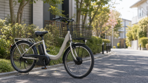 住宅街に停めた電動アシスト自転車・e-bike